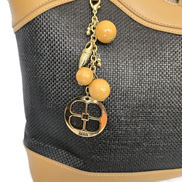 Iman Global Chic Women's Black Straw Tan Vegan Leather Handbag Tote - Picture 3 of 5